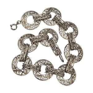 Egyptian 800 Silver Filigree Chain Bracelet Circle Link Ethnic Vintage 8.25"